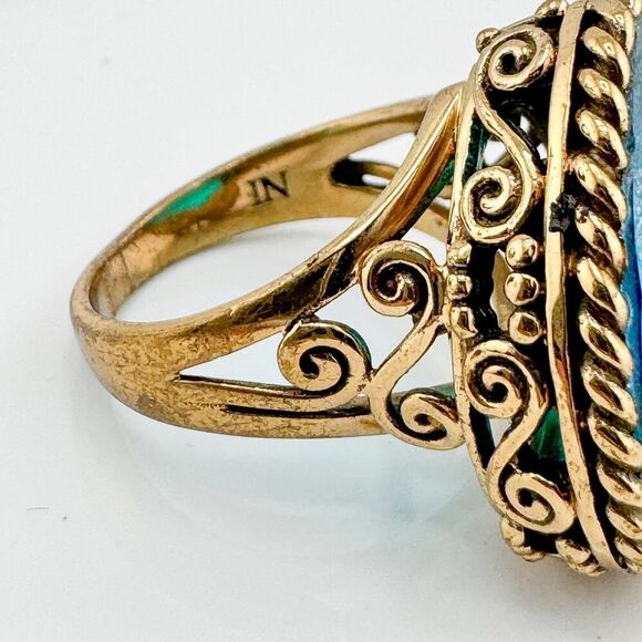 Vintage Sajen Bronze Filigree Heart Ring Dream Blue CZ Retro Glam Modern Chunky - Picture 12 of 14
